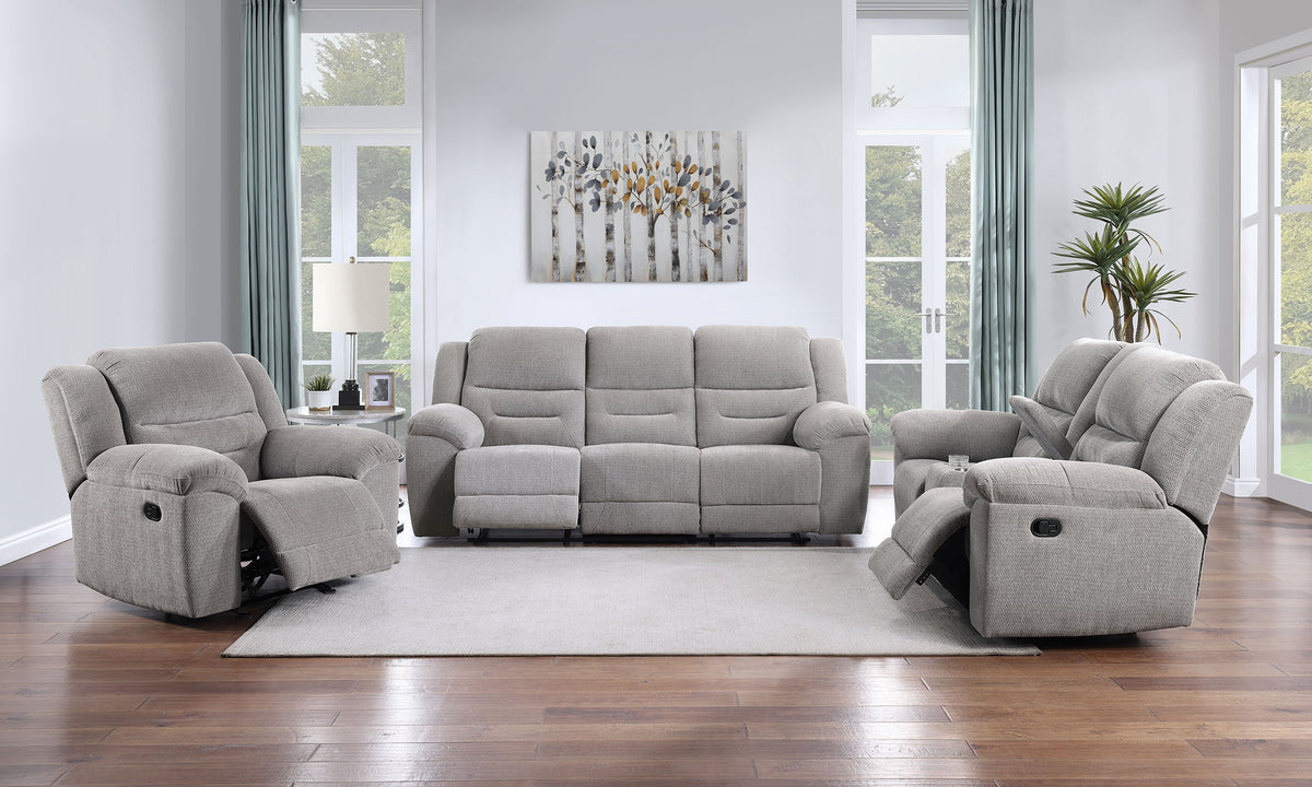 Gilson Reclining Living Room Set Grey — room scene; select a set for exact contents