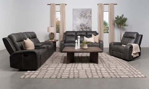 Raelynn Reclining Living Room Set Grey — room scene; select a set for exact contents
