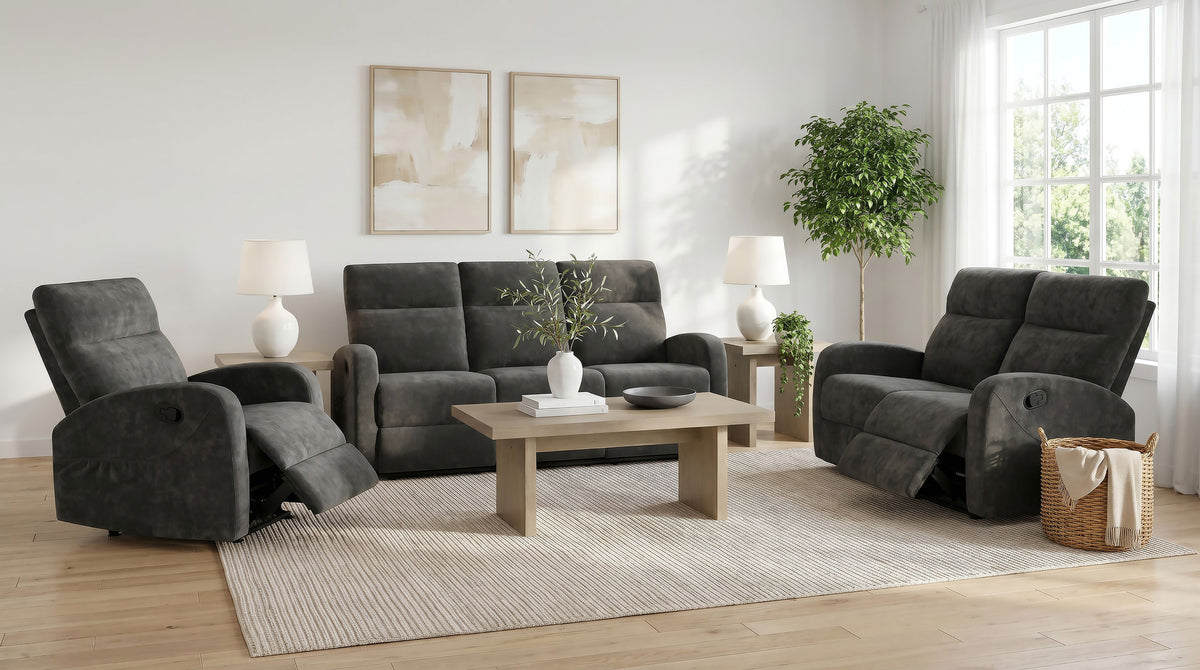 Hamilton Reclining Living Room Set Charcoal Grey — room scene; select a set for exact contents