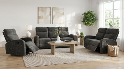 Hamilton Reclining Living Room Set Charcoal Grey — room scene; select a set for exact contents