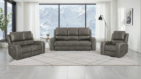 Brickston Power Reclining Living Room Set Charcoal — room scene; select a set for exact contents