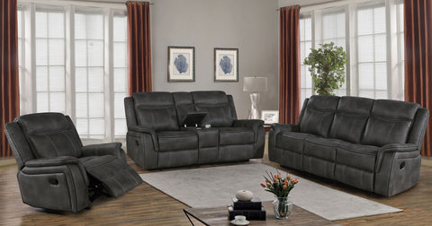 Lawrence Reclining Living Room Set Charcoal — room scene; select a set for exact contents
