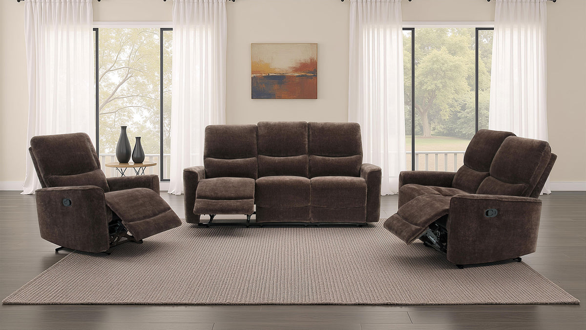 Navarro Reclining Living Room Set Dark Brown — room scene; select a set for exact contents