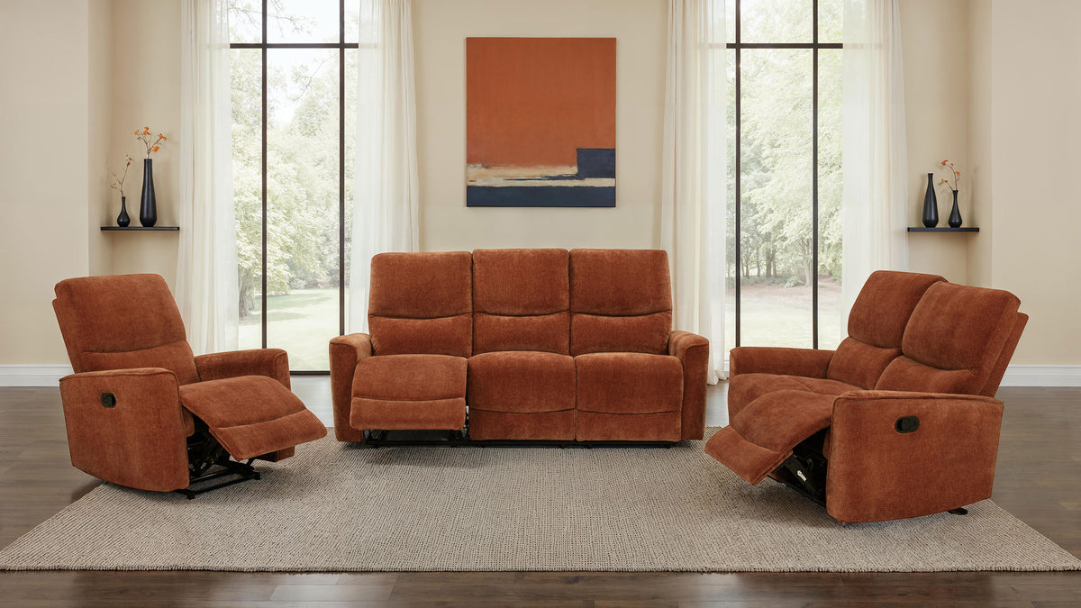 Navarro Reclining Living Room Set Burnt Orange — room scene; select a set for exact contents