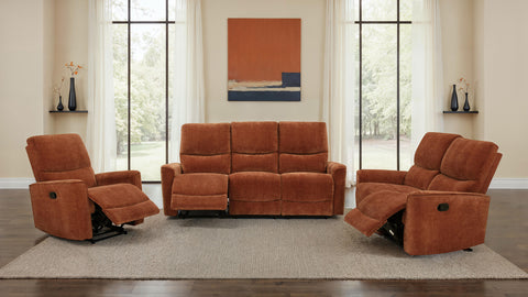 Navarro Reclining Living Room Set Burnt Orange — room scene; select a set for exact contents