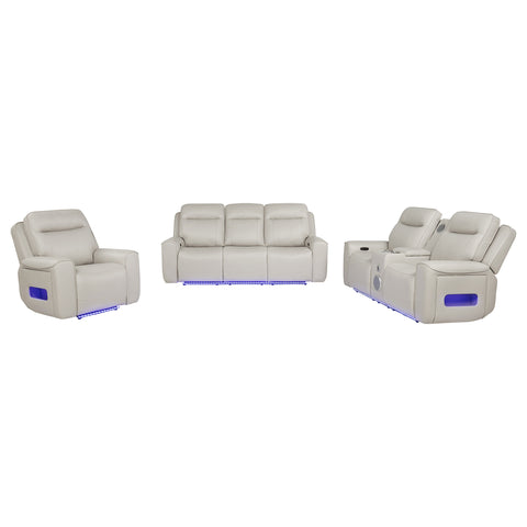 Rojas Power Reclining Living Room Set Greige — room scene; select a set for exact contents