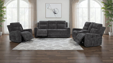Kennett Power Reclining Living Room Set Dark Grey — room scene; select a set for exact contents