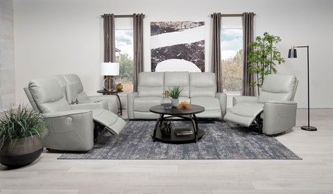 Greenfield Power Reclining Living Room Set Dove Grey — room scene; select a set for exact contents