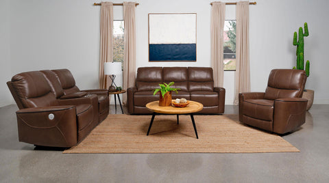 Greenfield Power Reclining Living Room Set Saddle Brown — room scene; select a set for exact contents