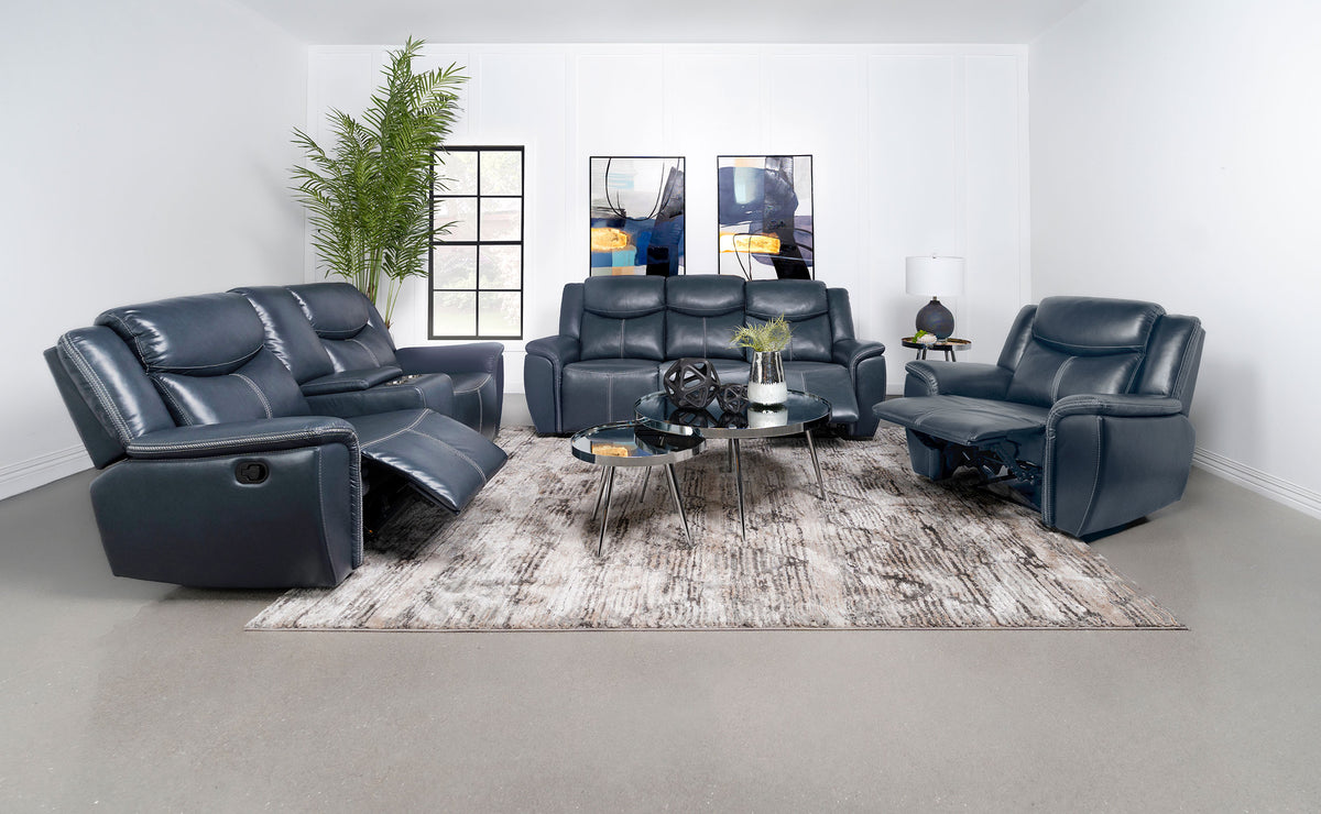 Sloane Reclining Living Room Set Blue — room scene; select a set for exact contents