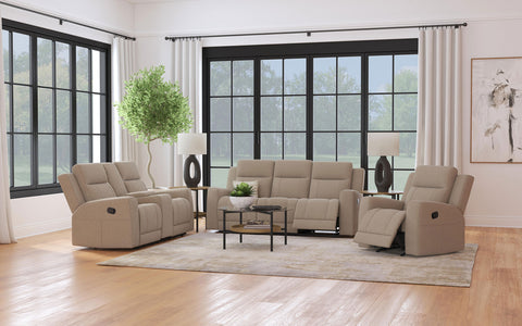 Brentwood Reclining Living Room Set Taupe — room scene; select a set for exact contents
