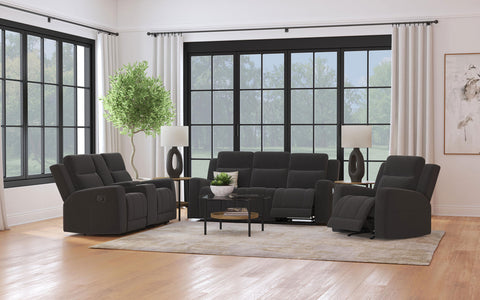 Brentwood Reclining Living Room Set Dark Charcoal — room scene; select a set for exact contents