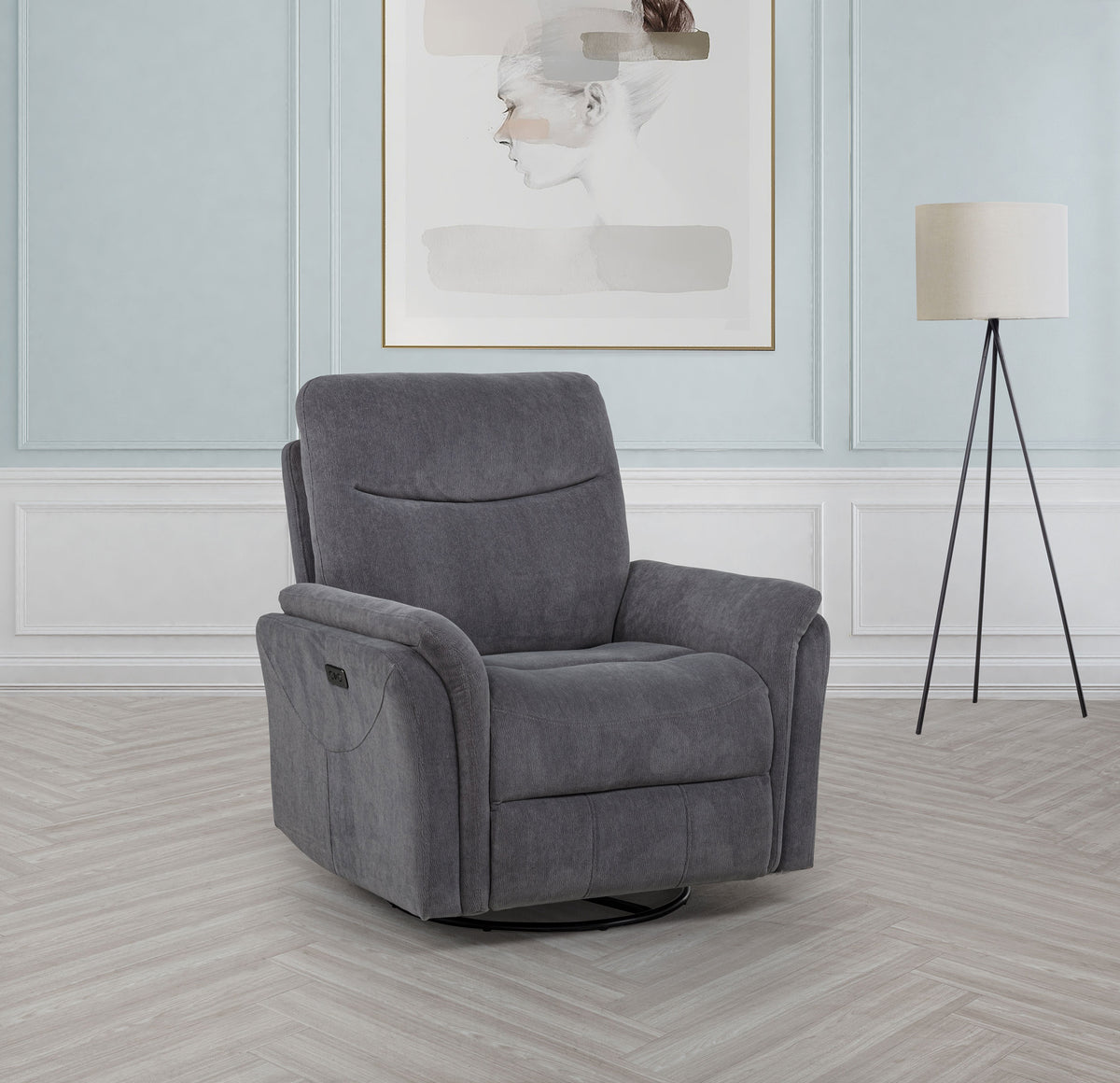 Adler Upholstered Power Swivel Glider Recliner Charcoal Grey