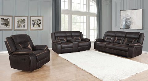 Greer Reclining Living Room Set Brown — room scene; select a set for exact contents