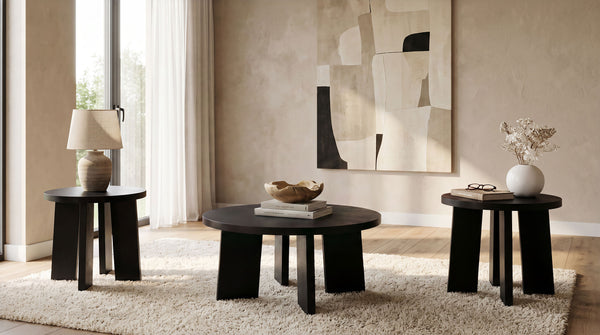 Strouse 3-Piece Round Coffee and End Table Set in Black