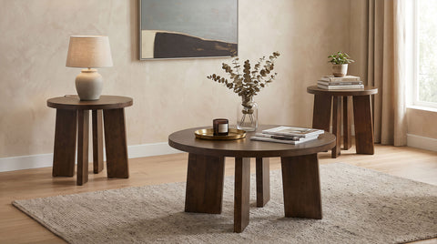 Strouse 3-Piece Round Coffee and End Table Set in Walnut