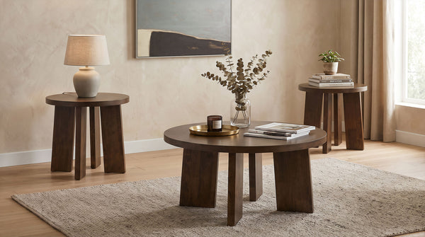 Strouse 3-Piece Round Coffee and End Table Set in Walnut