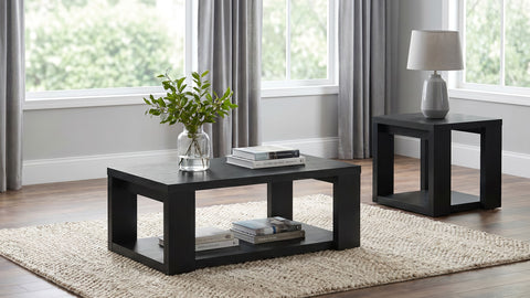 Pavone 2-Piece Transitional Coffee and End Table Set with Shelves Black