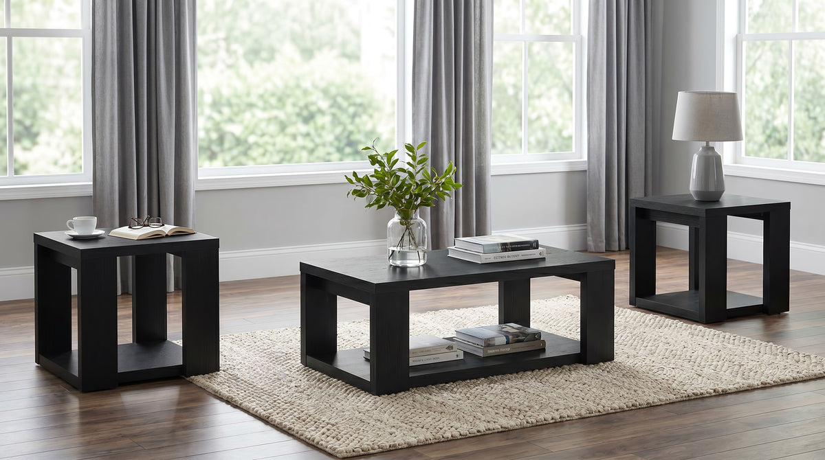 Pavone 3-Piece Transitional Coffee and End Table Set with Shelves Black