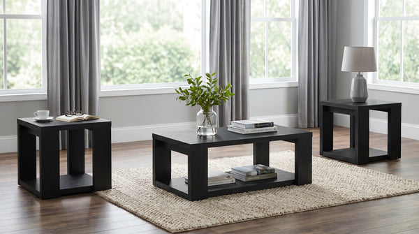 Pavone 3-Piece Transitional Coffee and End Table Set with Shelves Black