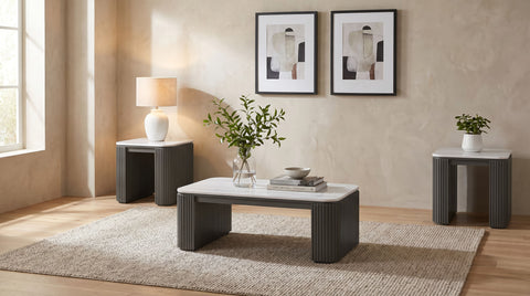 Lior 3-Piece Rectangular Marble Top Coffee and End Table Set Charcoal