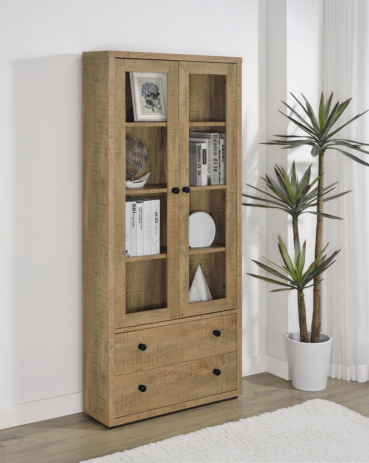Hawthorne 3-shelf Glass Door Tall Cabinet with Drawers Mango