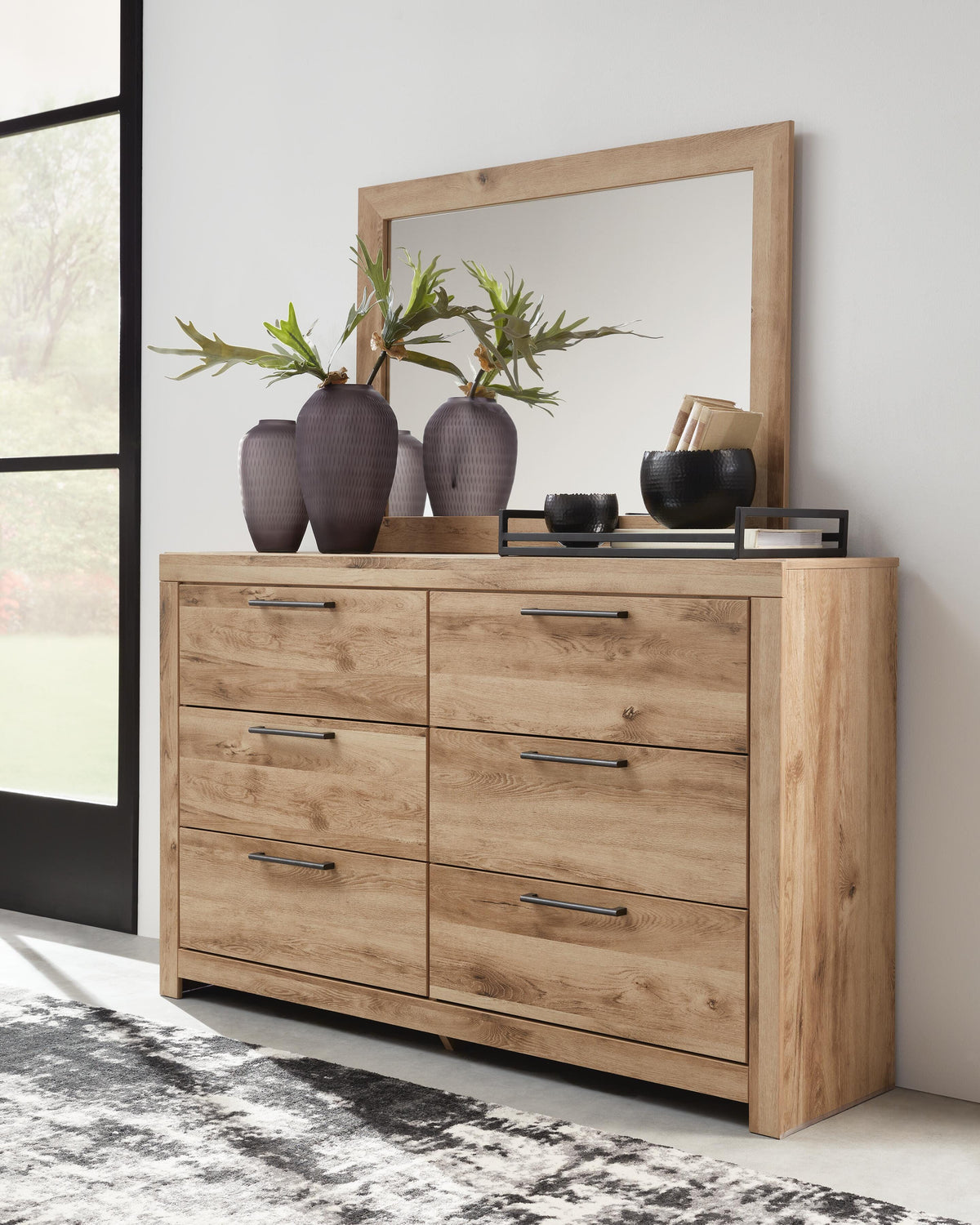 Hyanna King Panel Storage Bed with 2 Side Storage, Dresser and Mirror