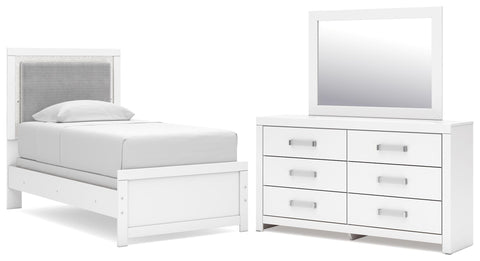 Maeling Twin Upholstered Panel Bed, Dresser and Mirror