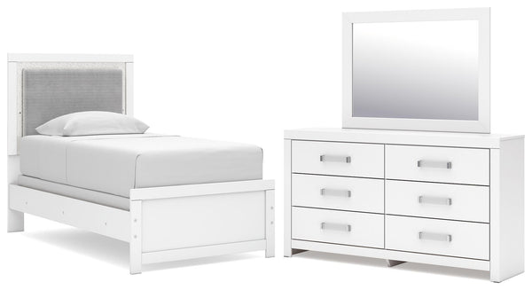 Maeling Twin Upholstered Panel Bed, Dresser and Mirror