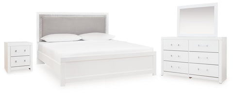 Maeling Queen Upholstered Panel Bed, Dresser, Mirror and Nightstand