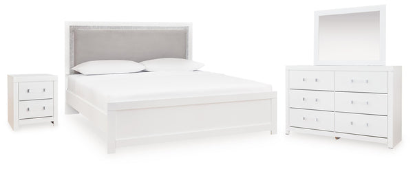 Maeling Queen Upholstered Panel Bed, Dresser, Mirror and Nightstand