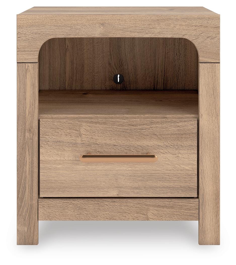 Kinlanni King Upholstered Panel Bed, Dresser, Mirror and Nightstand