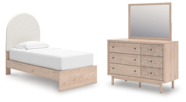 Arloster Twin Upholstered Panel Bed, Dresser and Mirror