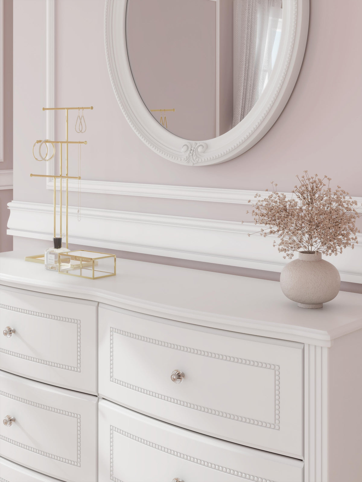 Kozlani Twin Upholstered Panel Bed, Dresser and Mirror