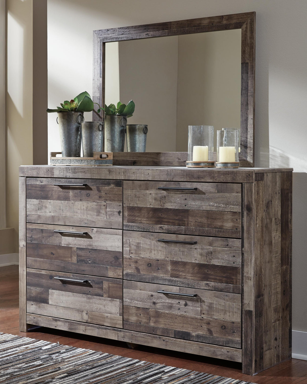 Derekson Queen Panel Storage Bed with Mirrored Dresser and Nightstand