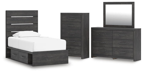 Hollivern Twin Panel Storage Bed, Dresser, Mirror and Chest