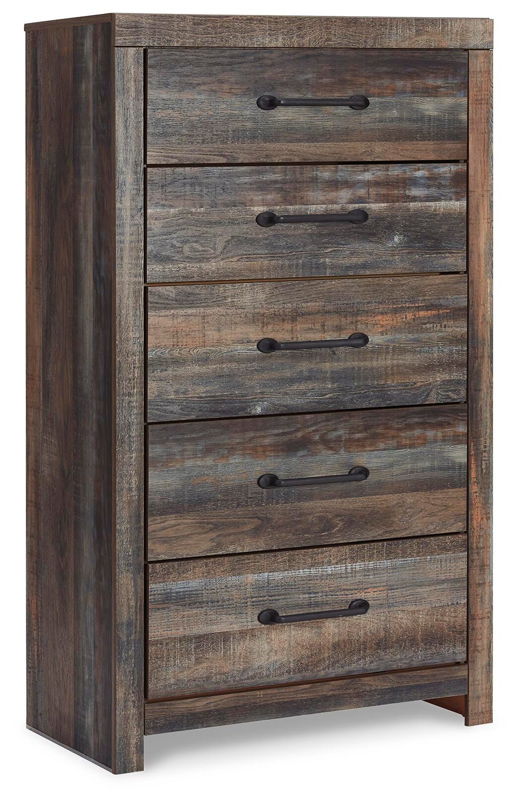 Drystan Queen Bookcase Panel Bed, Dresser, Mirror Chest and Nightstand