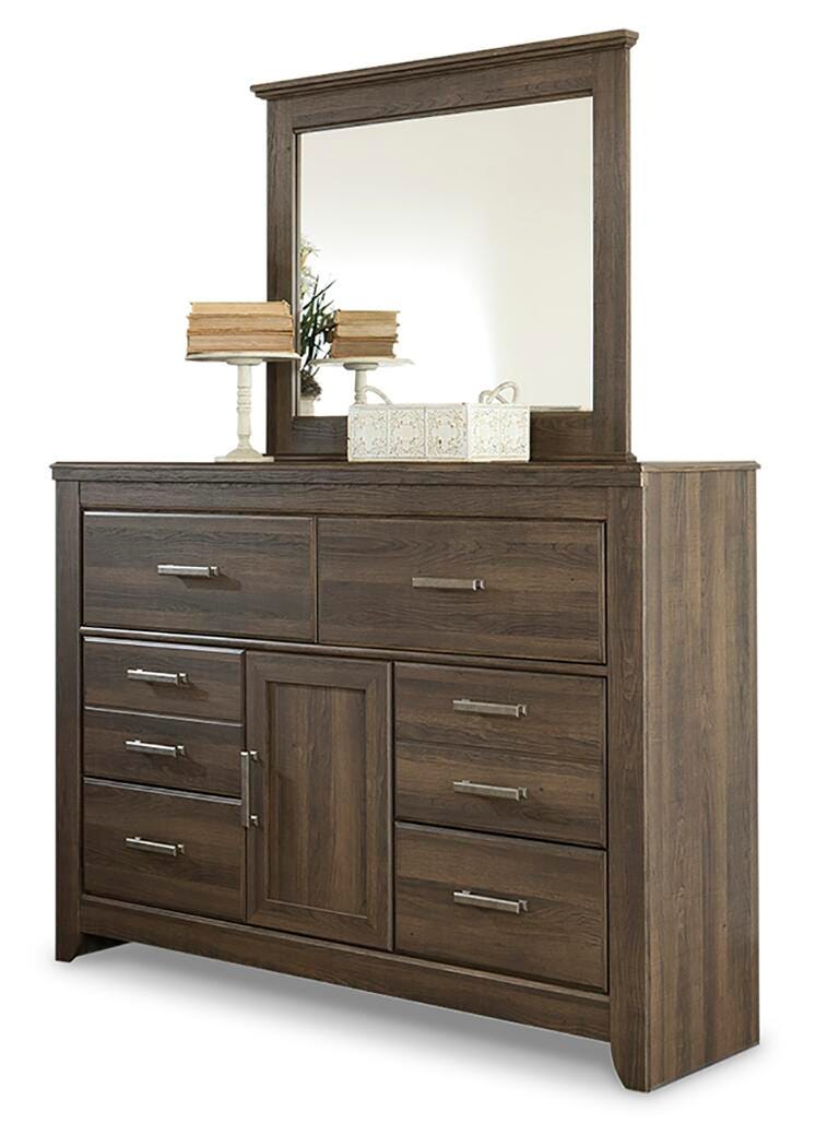 Juararo California King Poster Bed, Dresser, Mirror, Chest and 2 Nightstands