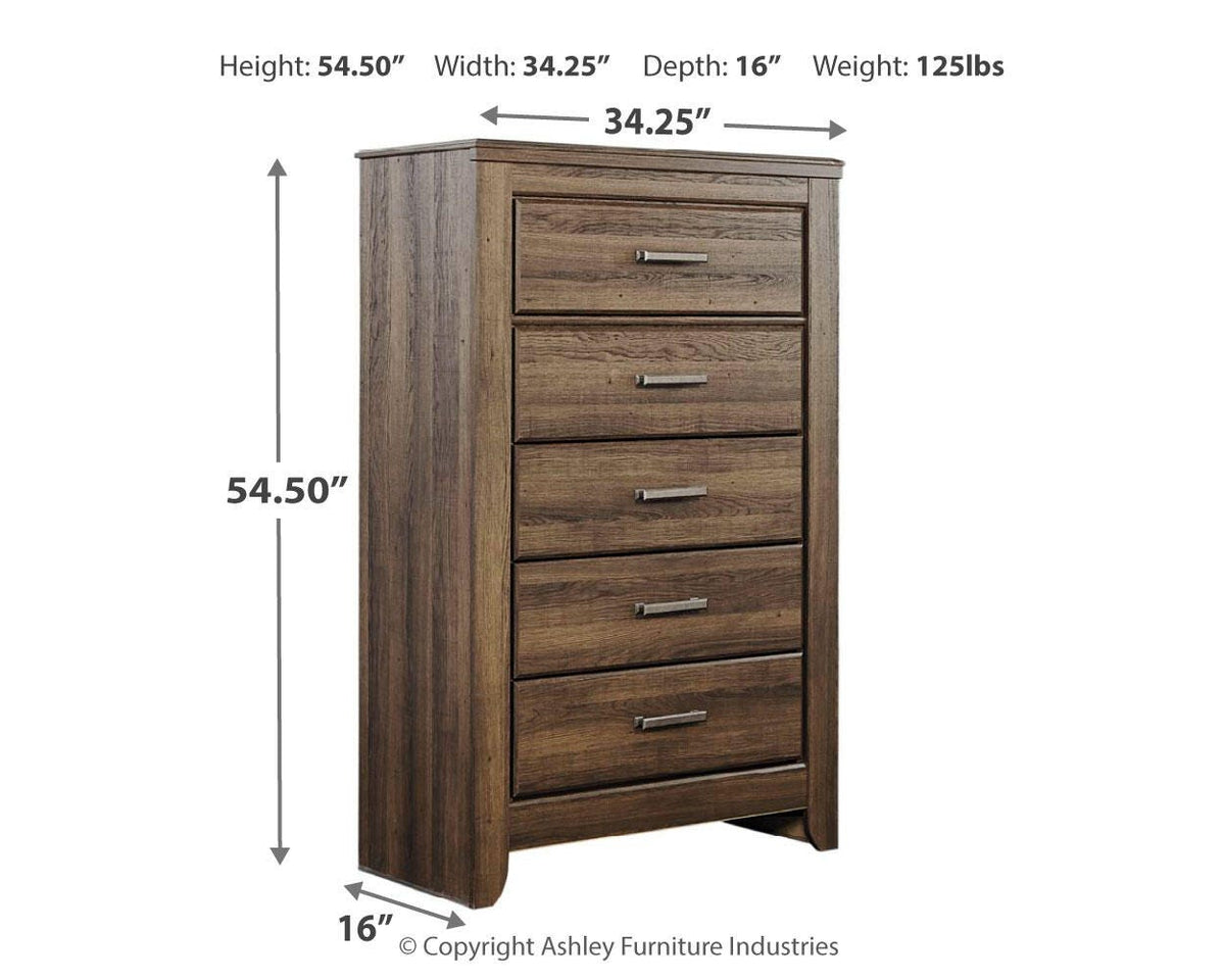 Juararo California King Poster Bed, Dresser, Mirror, Chest and 2 Nightstands