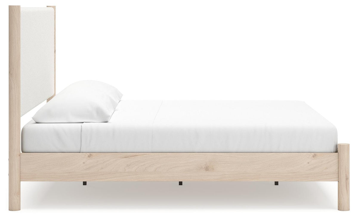 Cadmori King Upholstered Panel Bed, Dresser, Mirror and Nightstand