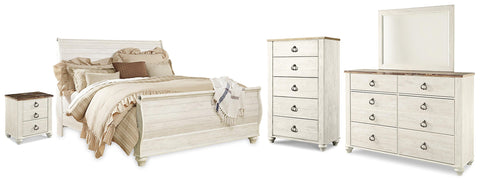 Willowton King Sleigh Bed, Dresser, Mirror, Chest and Nightstand
