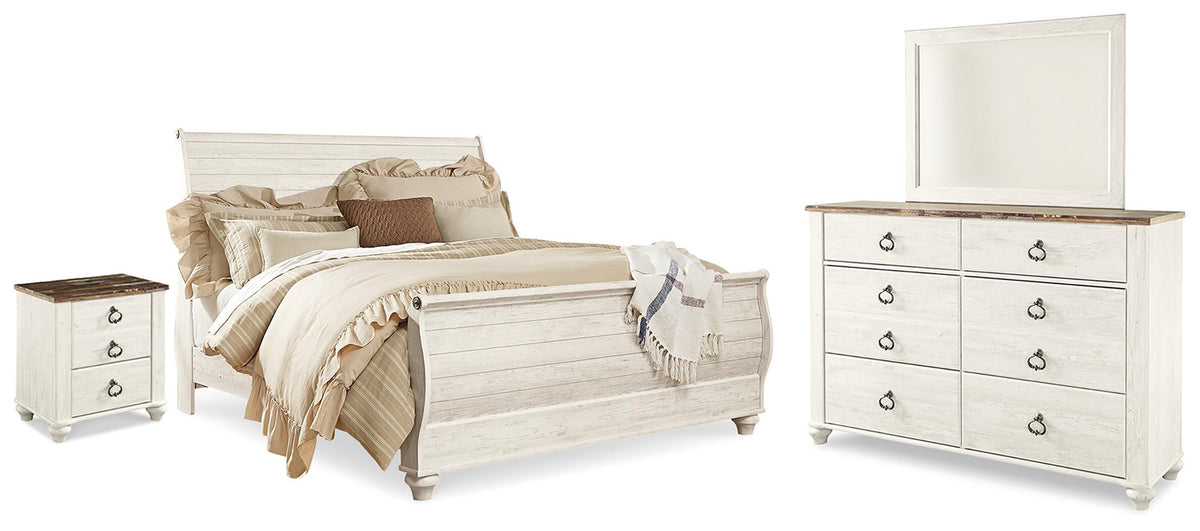 Willowton King Sleigh Bed, Dresser, Mirror and Nightstand