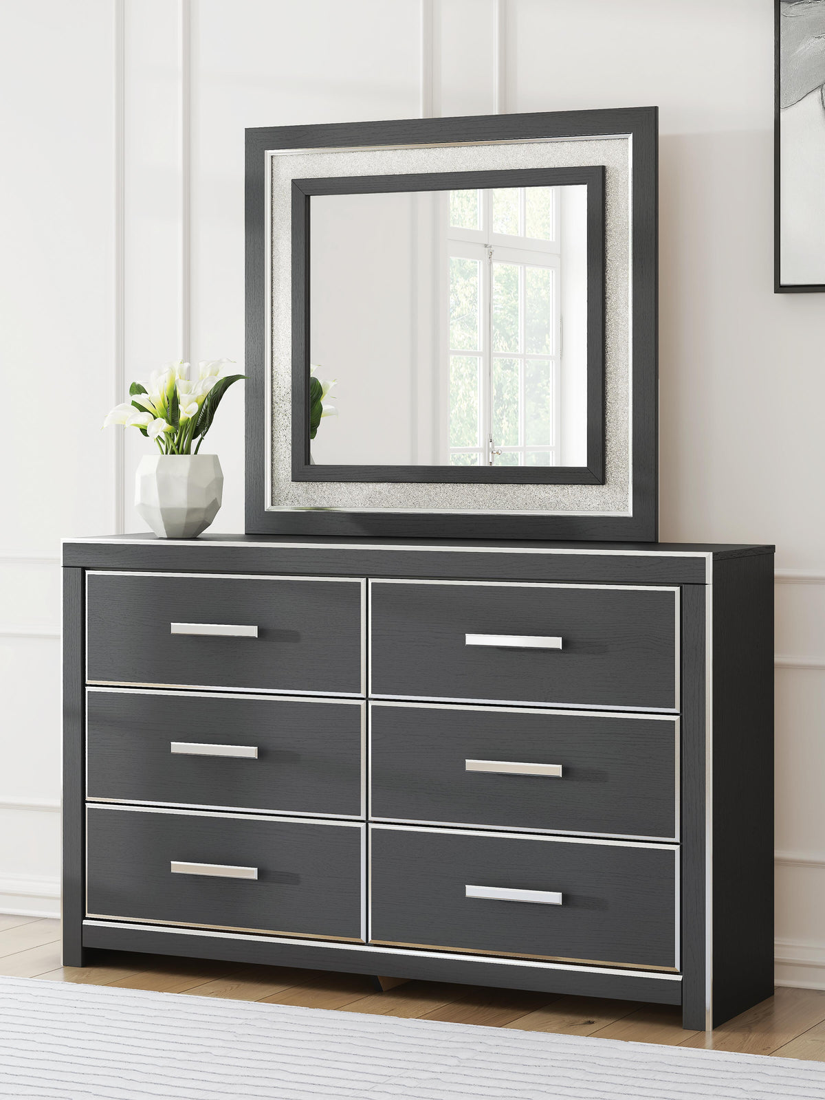 Zuraleus Queen Upholstered Panel Platform Bed, Dresser and Mirror