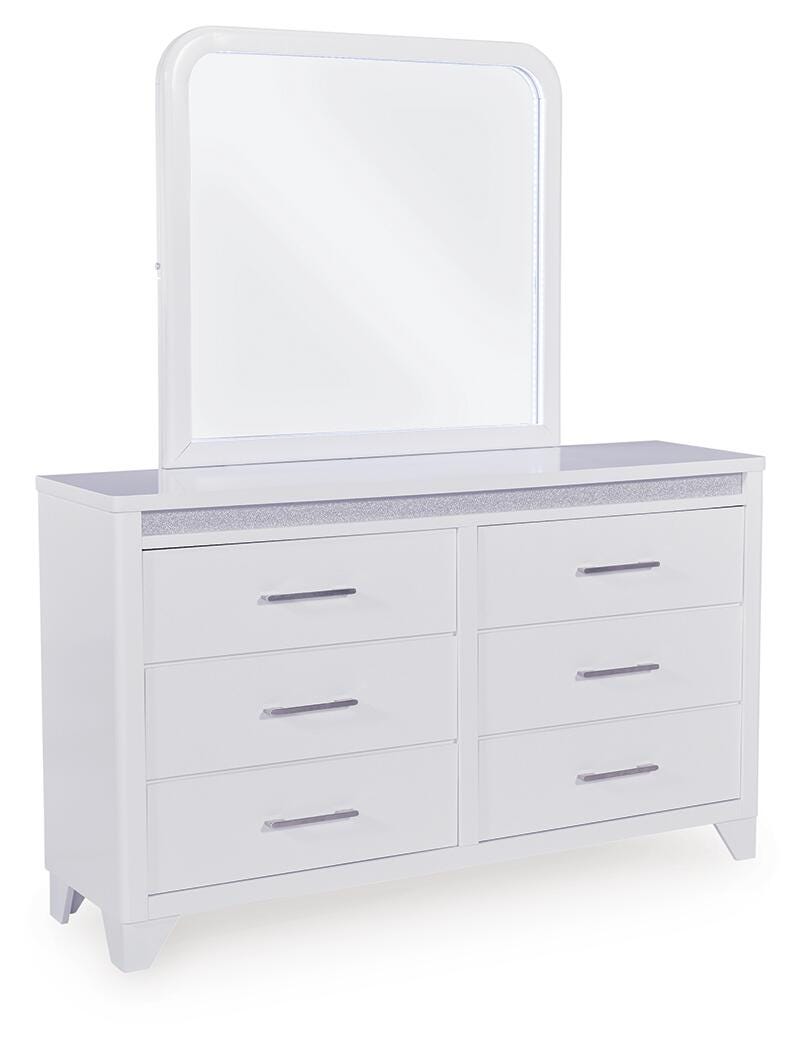 Jarlee Queen Upholstered Panel Bed, Dresser and Mirror