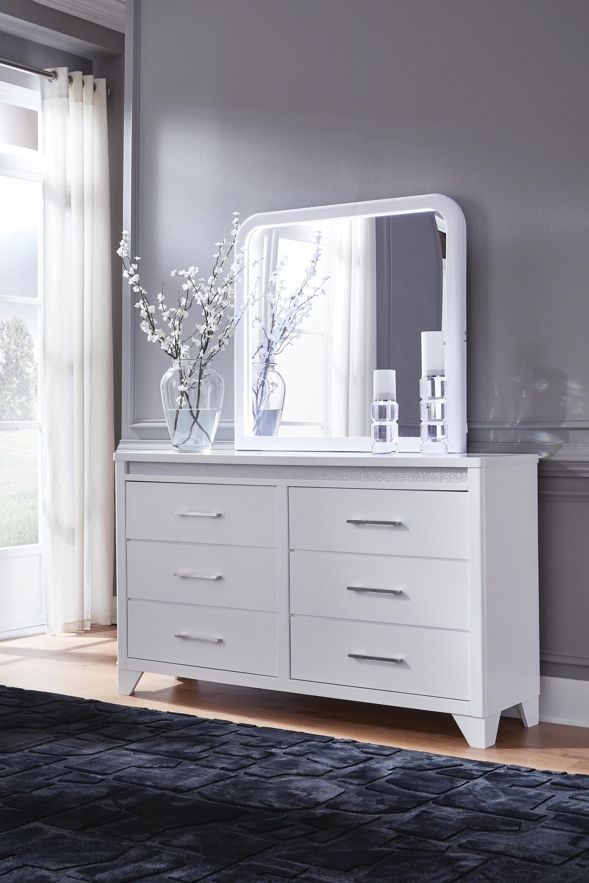 Jarlee Queen Upholstered Panel Bed, Dresser and Mirror
