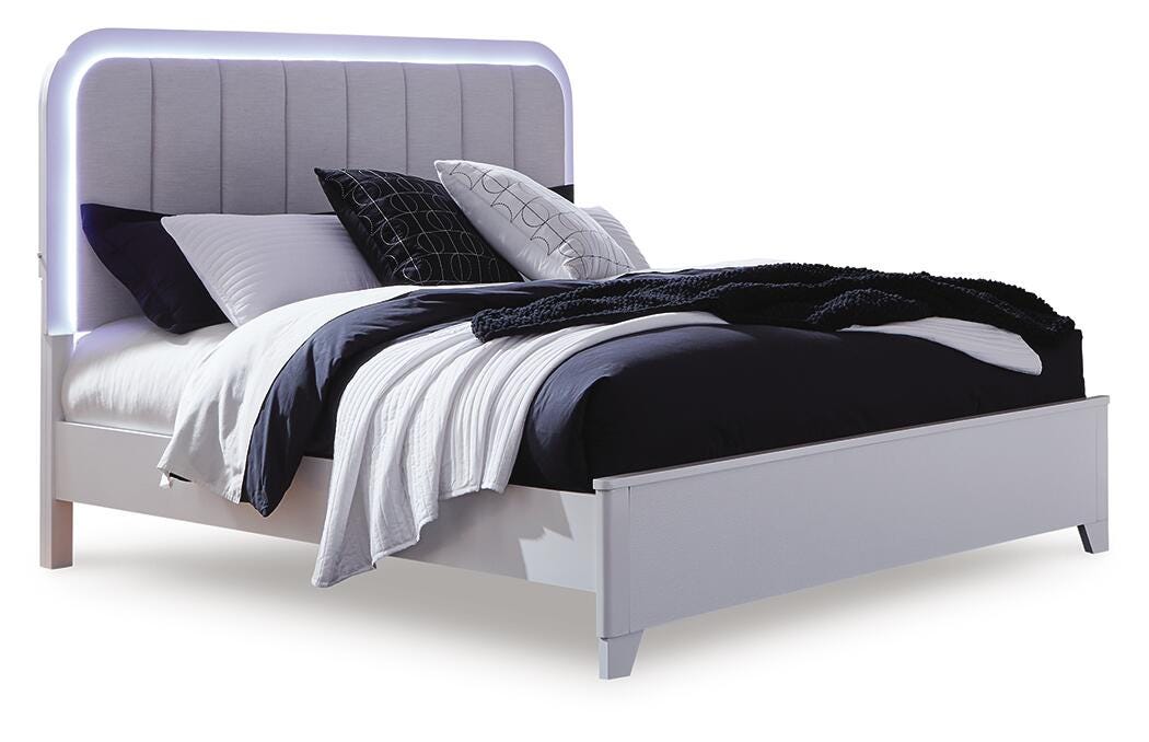 Jarlee Queen Upholstered Panel Bed, Dresser and Mirror