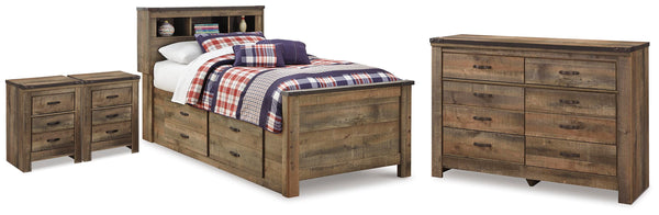 Trinell Brown Youth Bookcase Storage Platform Bedroom Set with 2 Drawers