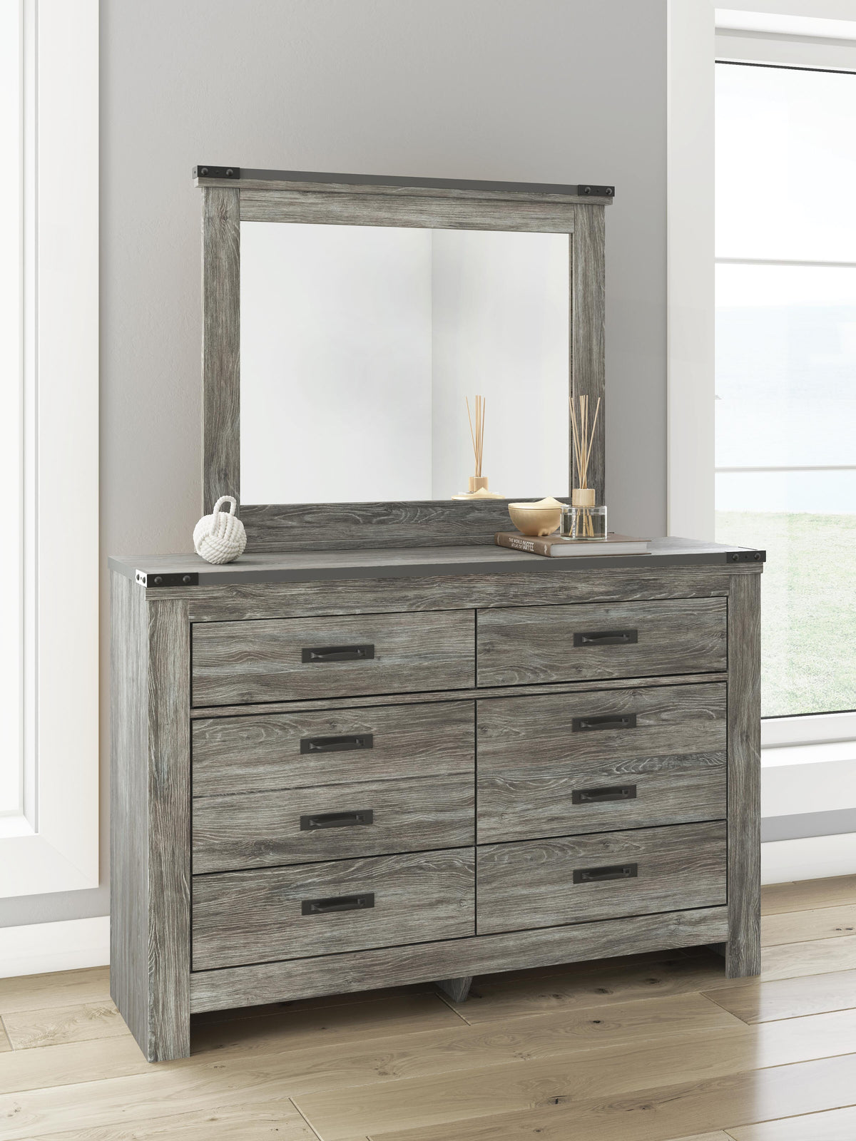 Frandern Twin Bookcase Bed with Storage, Dresser and Mirror
