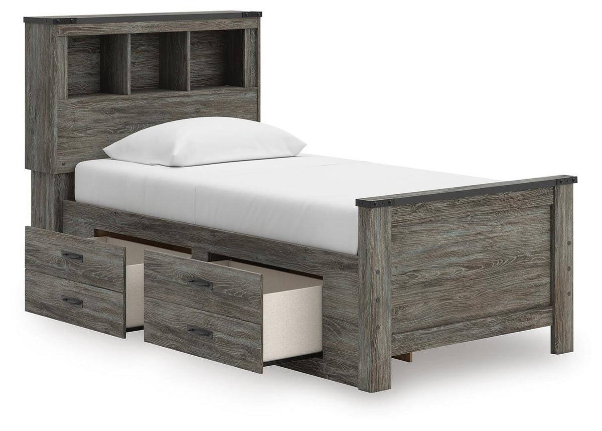 Frandern Twin Bookcase Bed with Storage, Dresser and Mirror