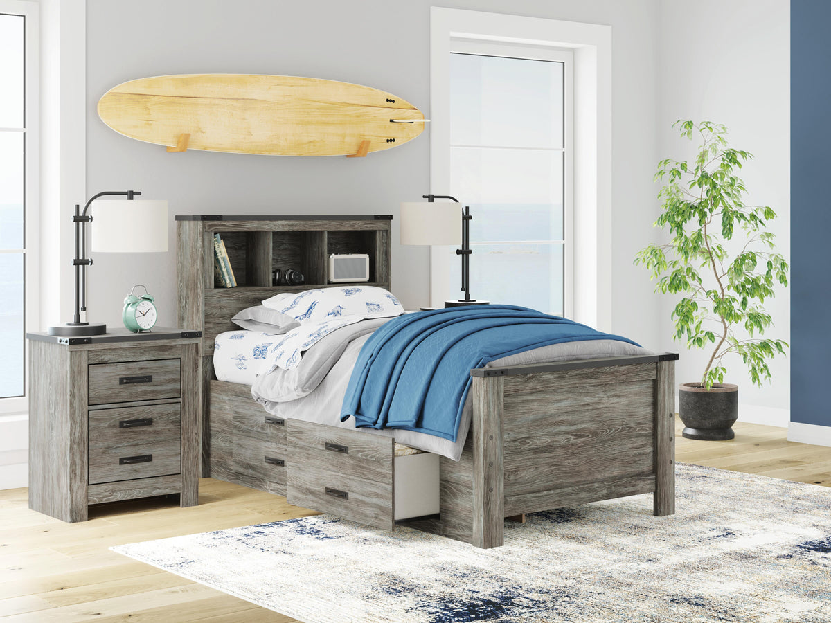 Frandern Twin Bookcase Bed with Storage, Dresser and Mirror